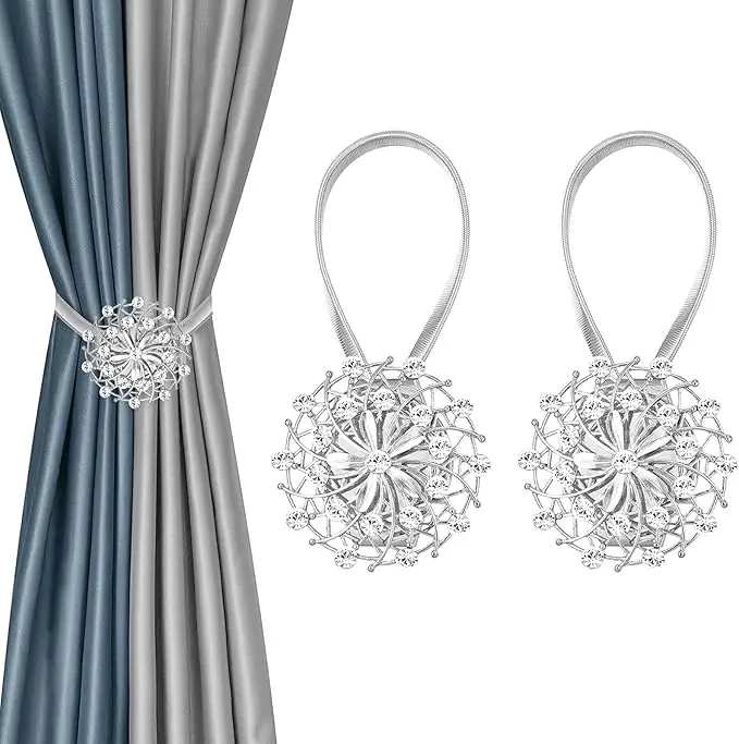 2pcs Silver Rhinestone Floral Magnetic Curtain Tie Backs, Reusable No Punch Curtain Holder Decor for Home Window Curtains, Magnetic No Damage Curtain Holdbacks for Farmhouse Bedroom Decor