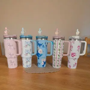 1pc,40 Oz H2.0 Cup,Camping Full Body Floral Pattern, 40oz Cup Stainless Steel Vacuum Insulated Tumbler With Lid And Straw For Water, Iced Tea Or Coffee, Smoothie And More, 40oz Reusable Double Walled Vacuum Insulated Stainless Steel Water Bottle With Hand