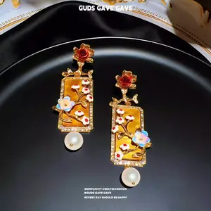 GUDS GAVE Vintage Chinese Palace Style Relief Flower Square Earrings | Exaggerated Heavy Duty Enamel Earrings