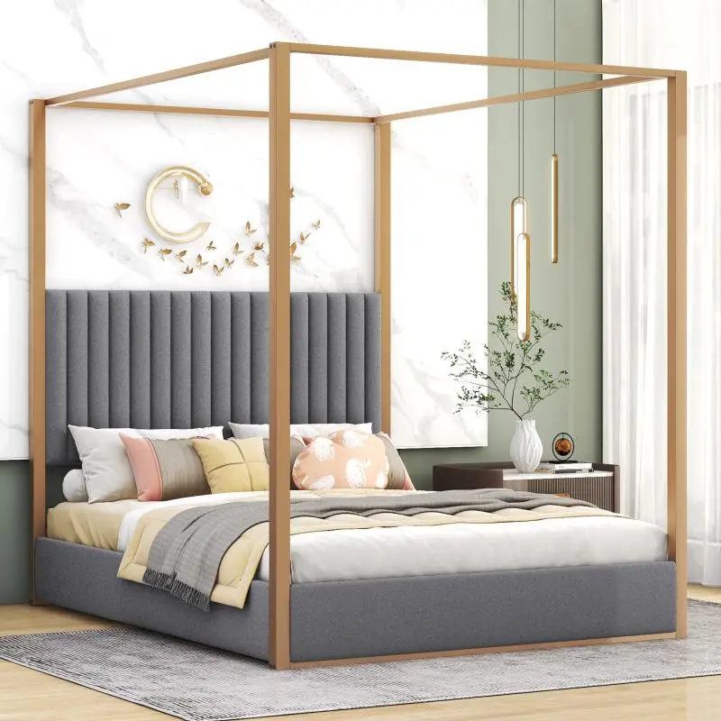 Queen Size Upholstery Canopy Platform Bed with Headboard and Metal Frame, Gray&Beige