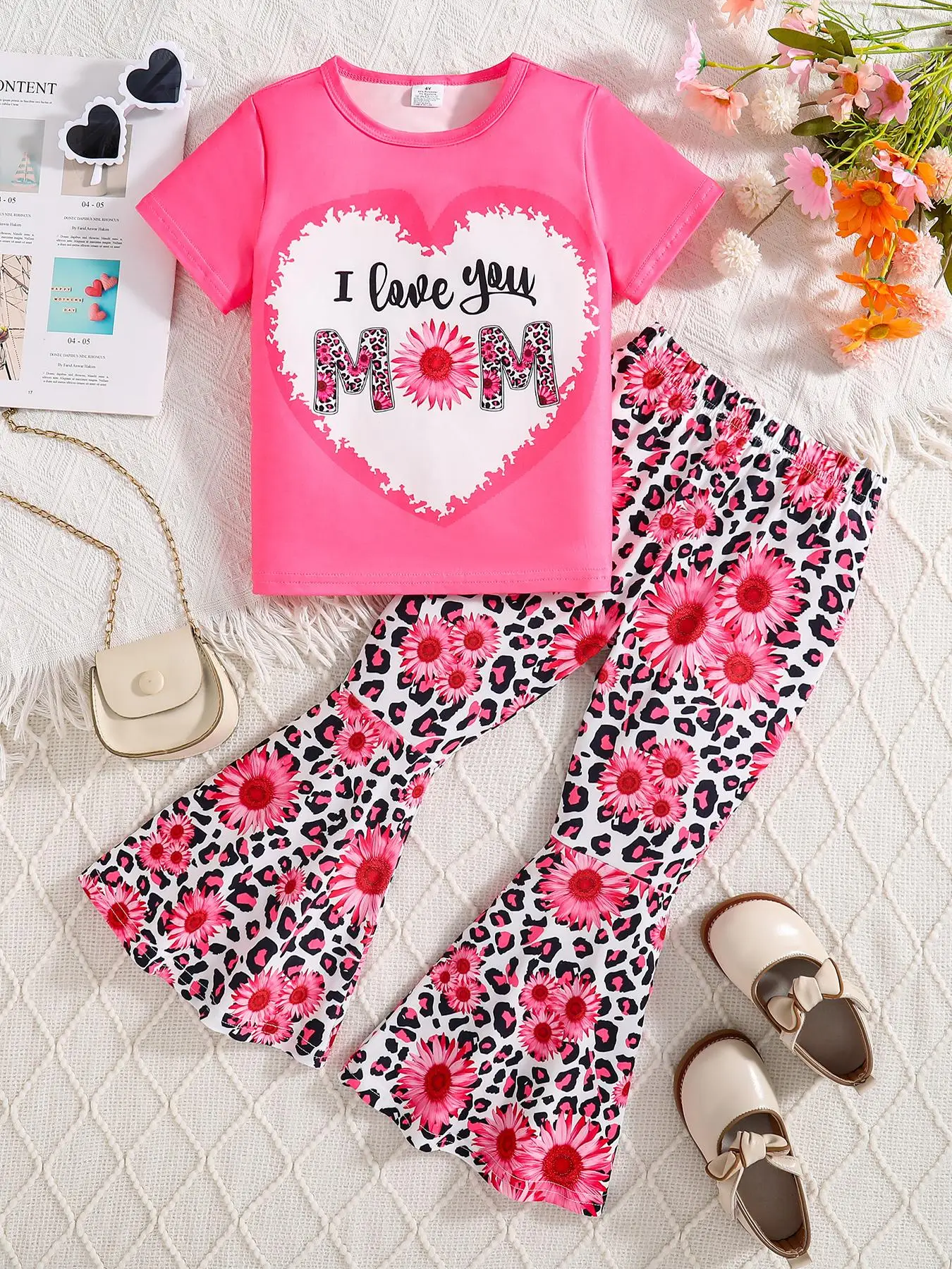 Two-Piece Set Girl's Sunflower Letter Print Tee & Elastic Waist Flare Leg Pants Set, Casual Fashion Round Neck Short Sleeve Top & Bell Bottom Trousers