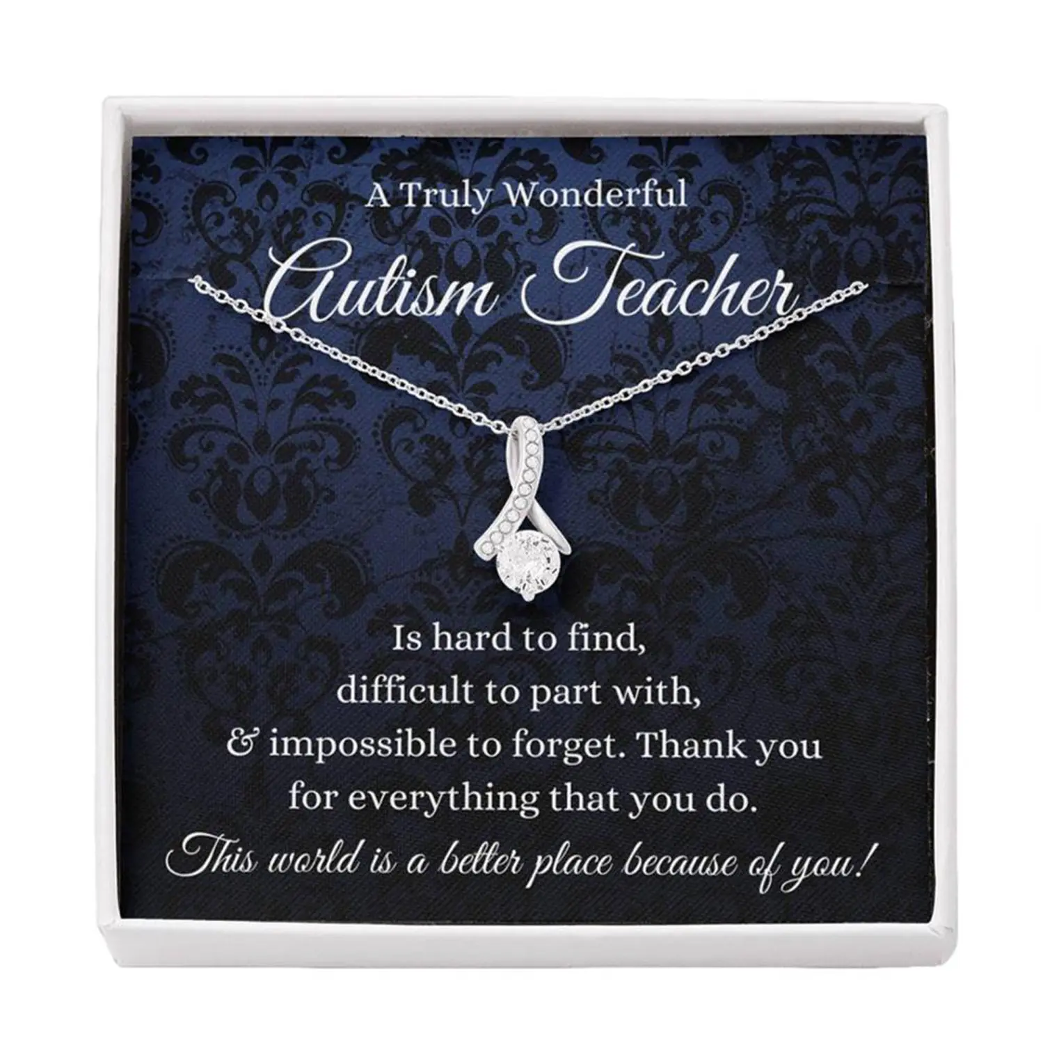 Autism Teacher Gift - Petit Ribbon Necklace with Message Card - Special Education & Autism Awareness Gift