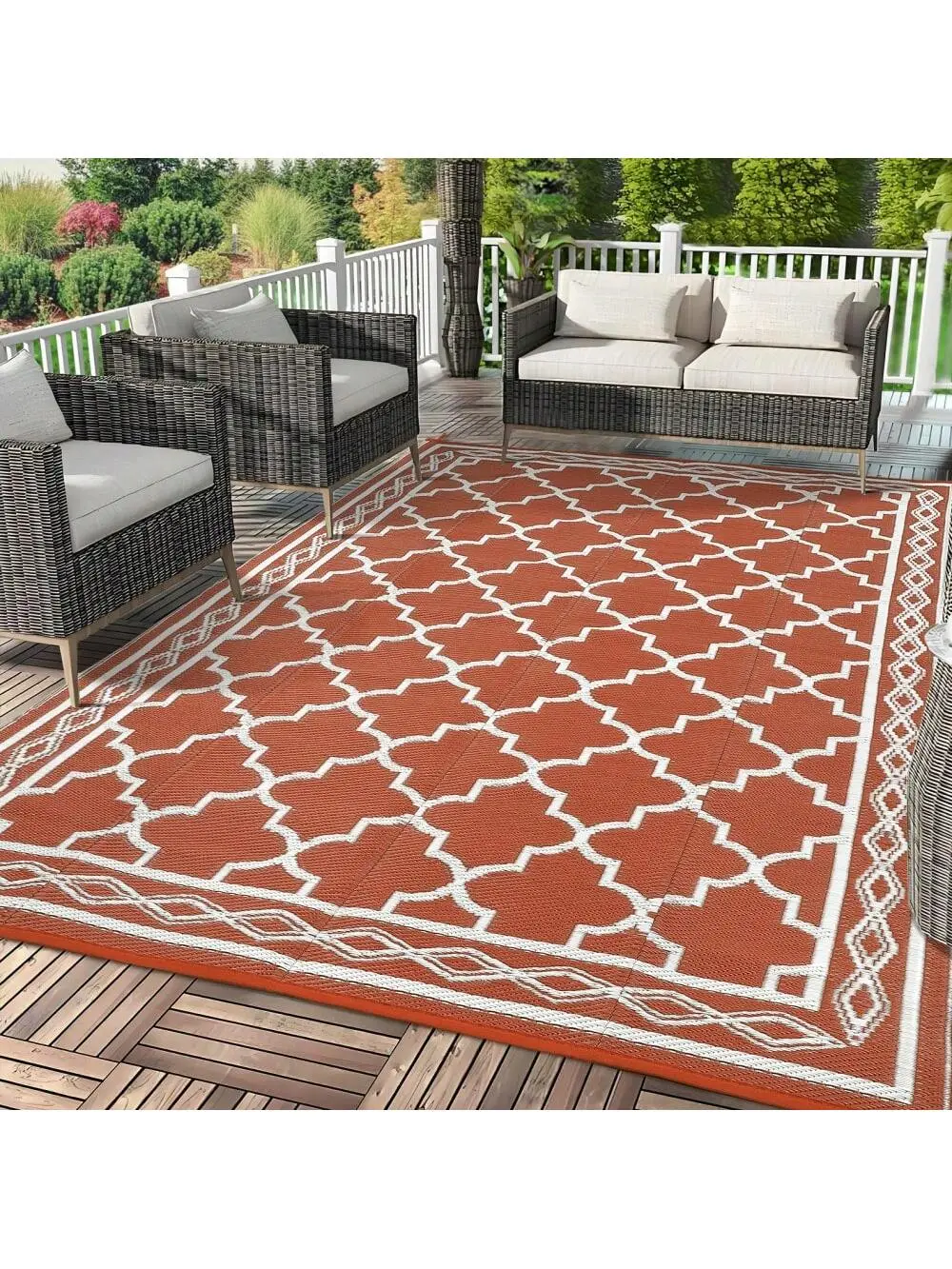 Red and white - 8*10 feet  Waterproof Outdoor Area Rug Modern Plastic Straw Camping Stain Resistant Carpet Geometric Reversible Floor Mat UV-Resistant Light Weight Portable  Indoor Outdoor Area Rug For Backyard Deck Picnic Porch Beach RV Trip