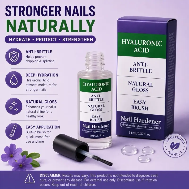 Hyaluronic Acid Nail Hardener Moisturizer - Strengthener for Adults, Anti-Brittle, Natural Gloss, Easy Brush, Cuticle Care Product