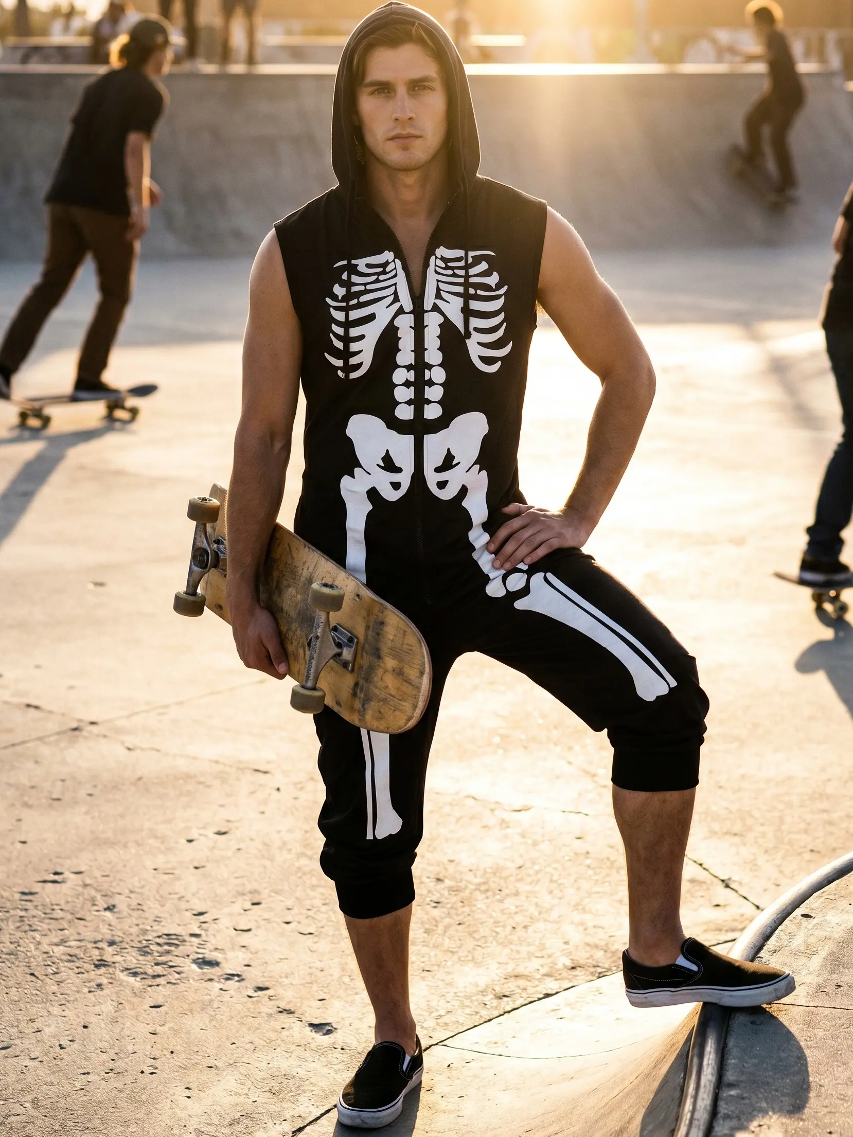Men'S Skeleton Print Sleeveless Hooded Romper, Double-Zip Casual Athletic Jumpsuit, Edgy Streetwear One-Piece for Home And Outdoors Halloween Skeleton Sleeveless Hooded Romper, Double-Zip Casual Loungewear