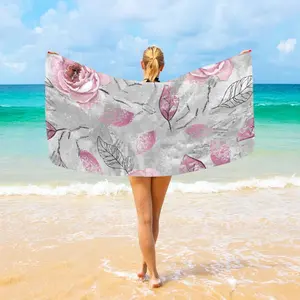 Beach Towel 31"x71" Pink Rose Gray Leaves Camping Towels Microfiber Beach Towels Sand Free Quick Dry Lightweight Travel Towels for Adults Women Men Girls