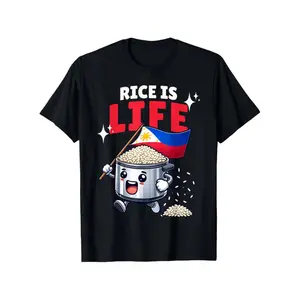 "Rice is Life" Filipino-Inspired Cotton T-Shirt - Black with Playful Rice Cooker & Philippine Flag Graphic, Soft Breathable Fabric