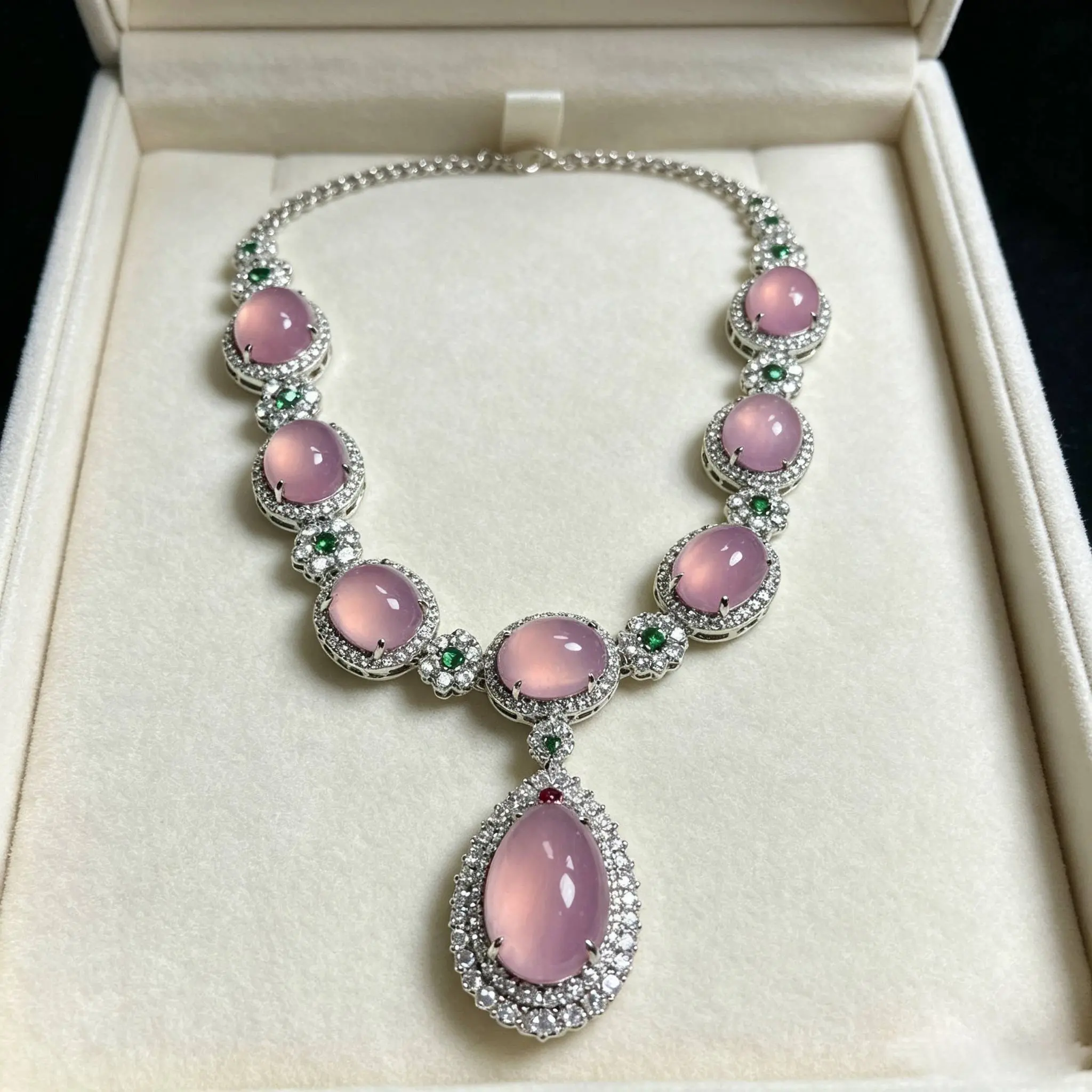 Women's Elegant Pink Non-Natural Chalcedony Necklace - Green Accents, Rhinestones, Unique Look, Wedding-Ready, Luxury Gift Box
