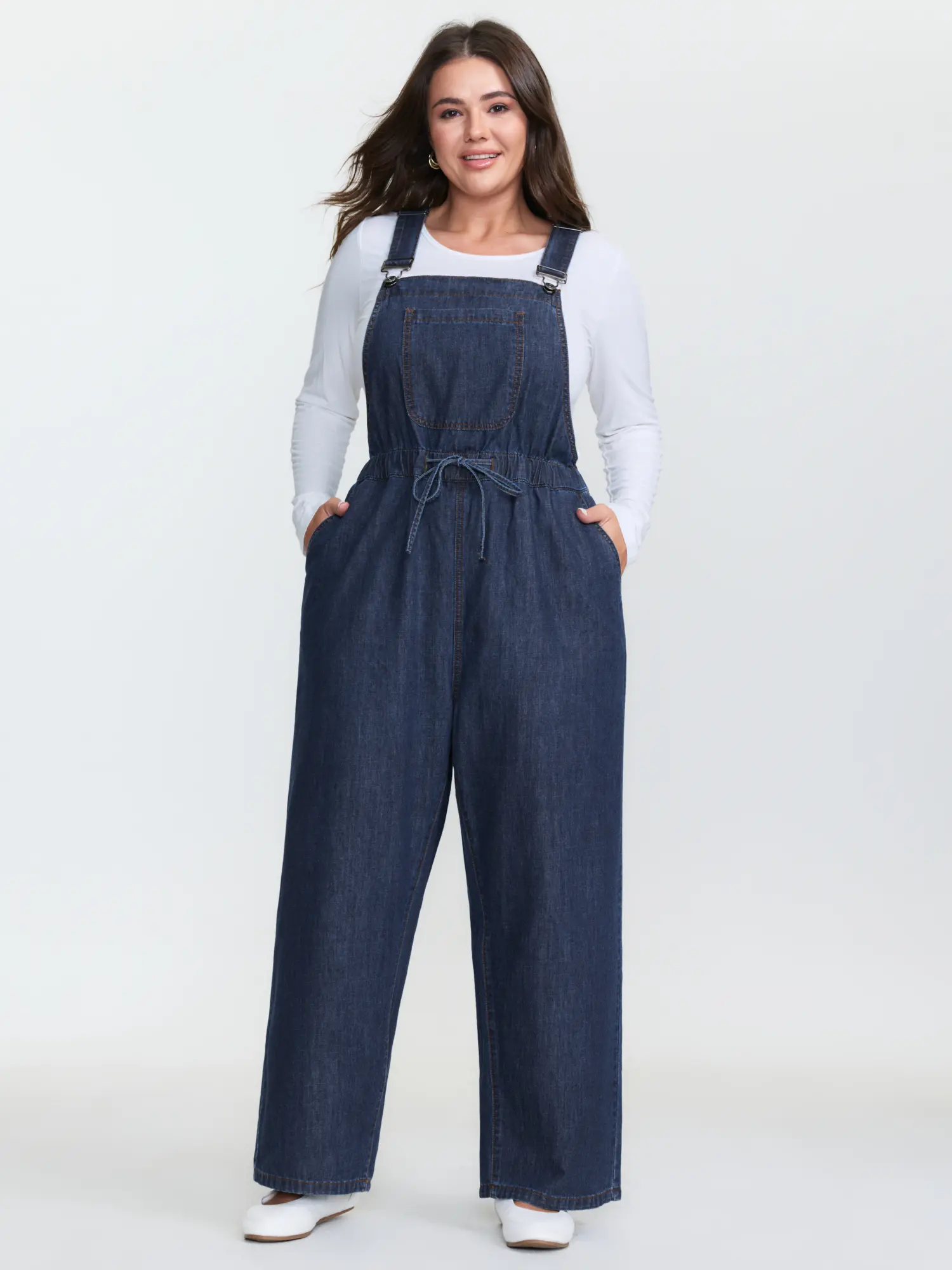 BloomChic Plus Size Casual Overalls for Women, Basic Loose Cut Strappy Jumpsuit in Cotton-Rayon with a Drawstring Waist and Pockets, Garment, Fabric, Casual Wear, Plus Size Overalls, Cotton Blend, Slanted Pocket, Adjustable Waist