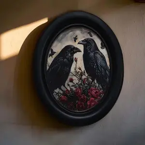 Vintage Raven Wall Decor, Gothic Victorian Style 3D Painting, Oval Wooden Sign, Handmade Photo Transfer Print, Halloween Christmas Decoration, Vintage Wall Art