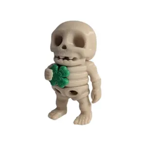 Lucky Clover Mini Skeleton - Compact Articulated Skeleton with Four-Leaf Clover for Spring Displays & St Patrick's Day Styling - 3D Printed in PLA - Indoor Decor