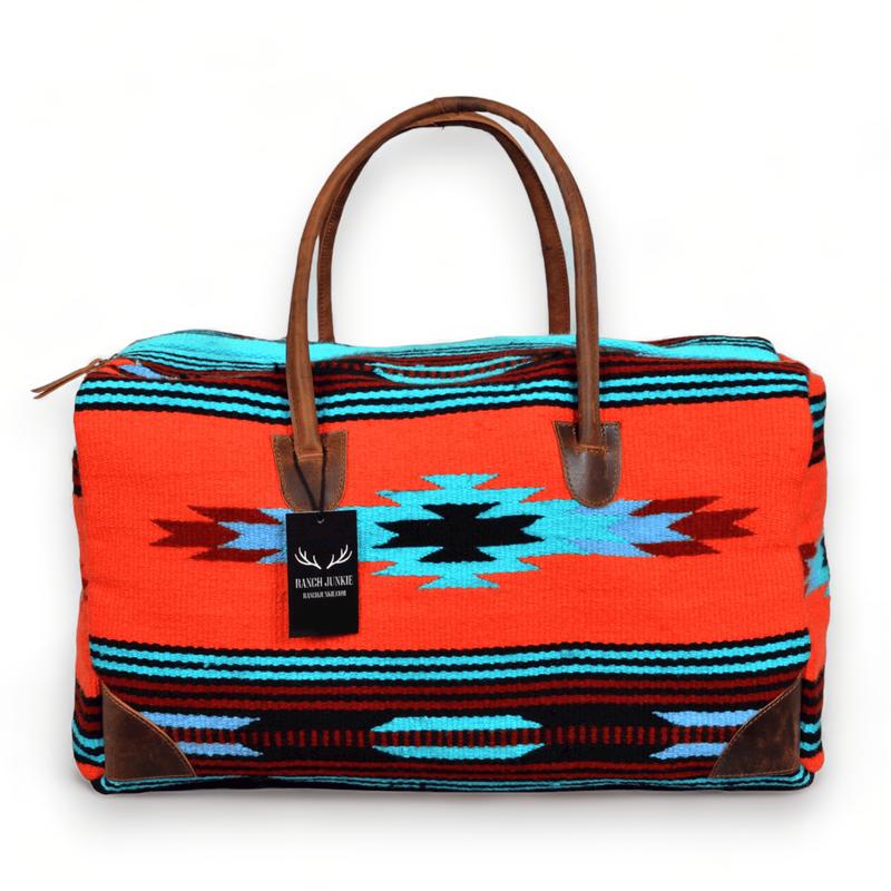Boho Aztec Large Weekender Southwestern Duffel Bag Sedona Saddle Blanket Bag 100% Leather Handles