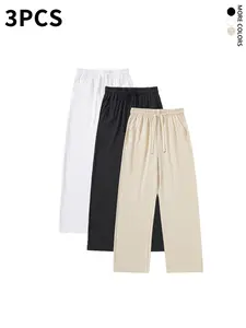 3-pack pure cotton pants with a linen feel—street-style drawstring athletic pants that are comfortable, breathable, loose, versatile casual trousers for travel and everyday wear.