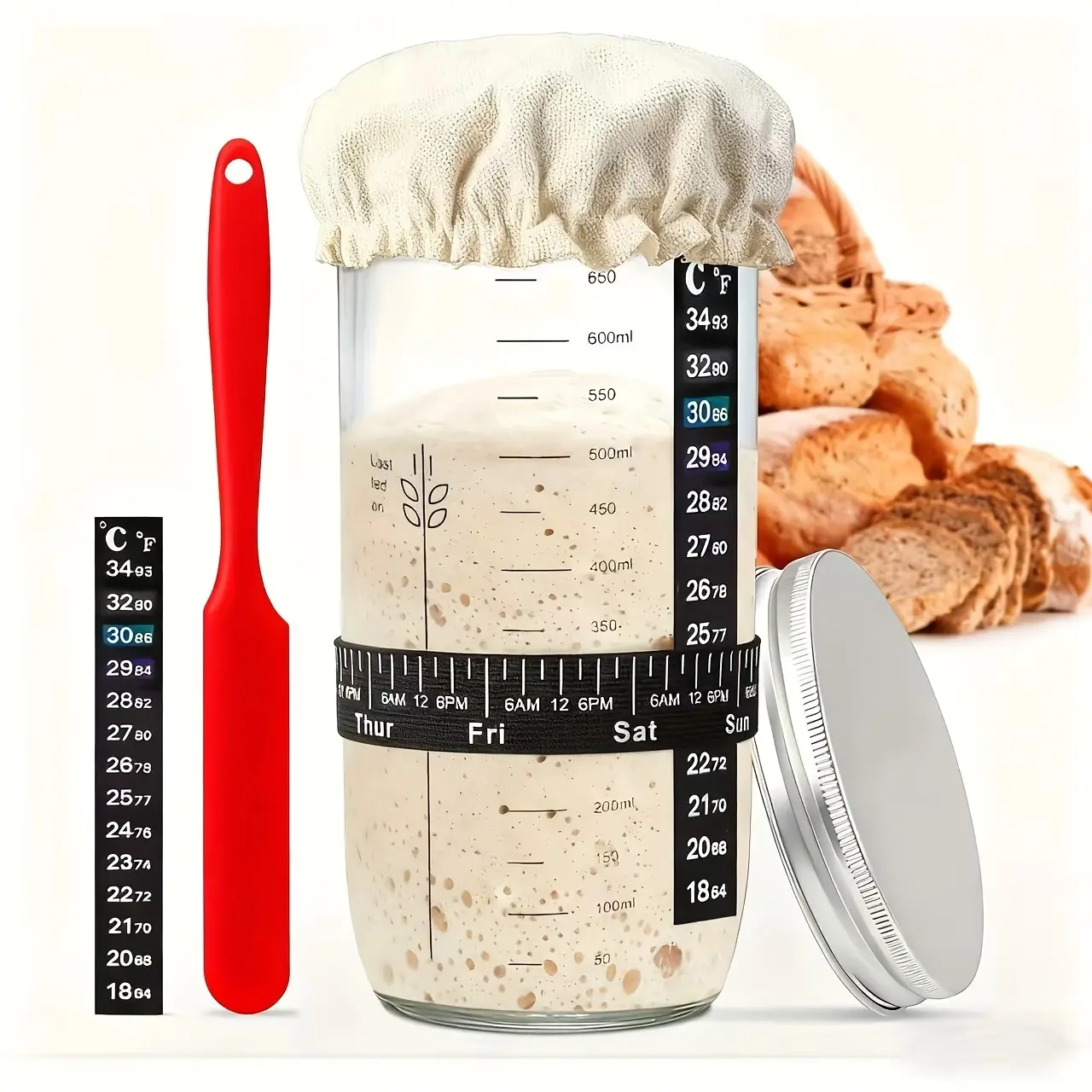 Sourdough Starter Kit, 24oz Glass Jar with Date Marking Feeding Strip, Thermometer, Cloth Cover and Metal Lid, Home Baking Supplies, Suitable for Bread Baking Supplies, Bread Fermentation Tools