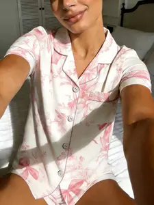 Women's Two-Piece Short Sleeve Sleepwear, Vintage Floral Bow Knot Shirt, Chest Pocket & Elastic Waist Shorts, Casual Homeewear