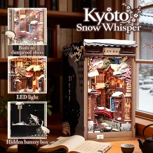 Kyoto Snow Whisper Book Nook DIY Miniature Alley with LED Lights Japanese Winter Street 3D Wooden Puzzle Bookshelf Decor and Creative Handmade Gift for Hobbyists