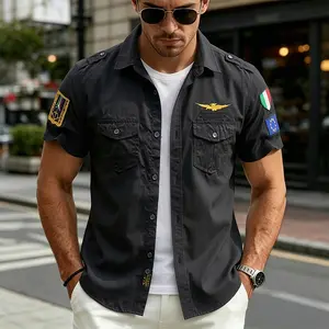 100% Cotton Men’s Short-Sleeve Shirt — breathable, aviator/military style, multi-pocket design, shoulder patches and multiple badge decals, two-pocket workwear casual shirt