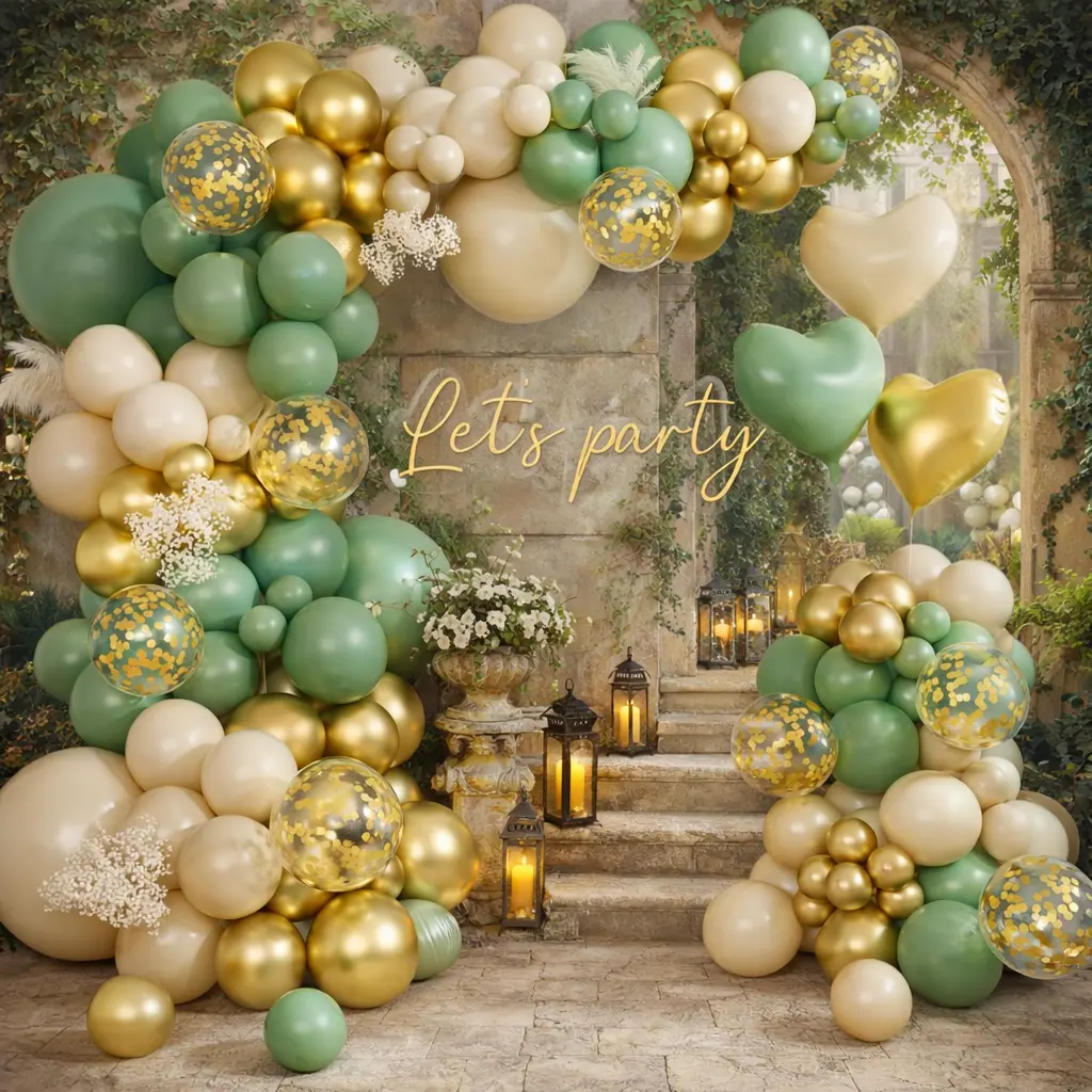160pcs Sage Green Gold Balloon Decor Kit, Olive Green White Sand Confetti Balloons with Heart Foil Balloons for Baby Shower Birthday Party Backdrop