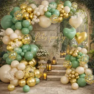 160pcs Sage Green Gold Balloon Decor Kit, Olive Green White Sand Confetti Balloons with Heart Foil Balloons for Baby Shower Birthday Party Backdrop