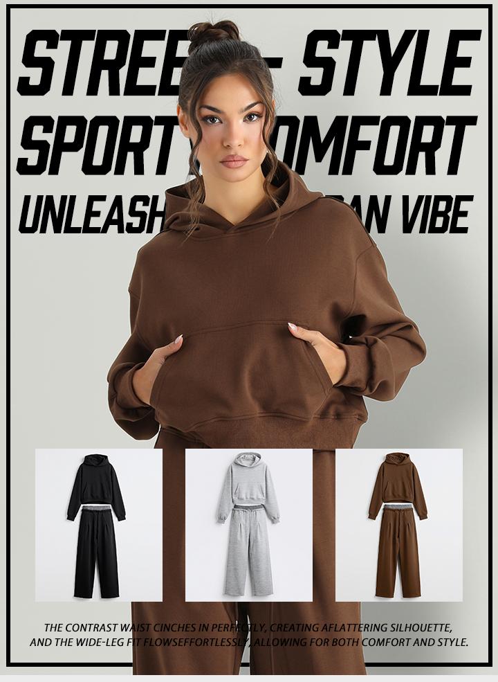 KatchMe Women's Chic Hooded Long Sleeve Cropped Hoodie & Contrast Waist Wide Leg Trousers Co-ord, Versatile Lightweight Two Piece Outfits, Solid Color Going Out Set(2)