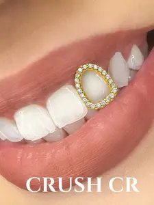 CRUSH CR 1pc Diamond-Encrusted Oval Frame Tooth Grillz, Sparkly CZ Stones, Perfect For Hip Hop Concerts, Birthday Parties, Club Nights Streetwear Styling, Unisex Dental Accessory For Men Women, Tooth Gems