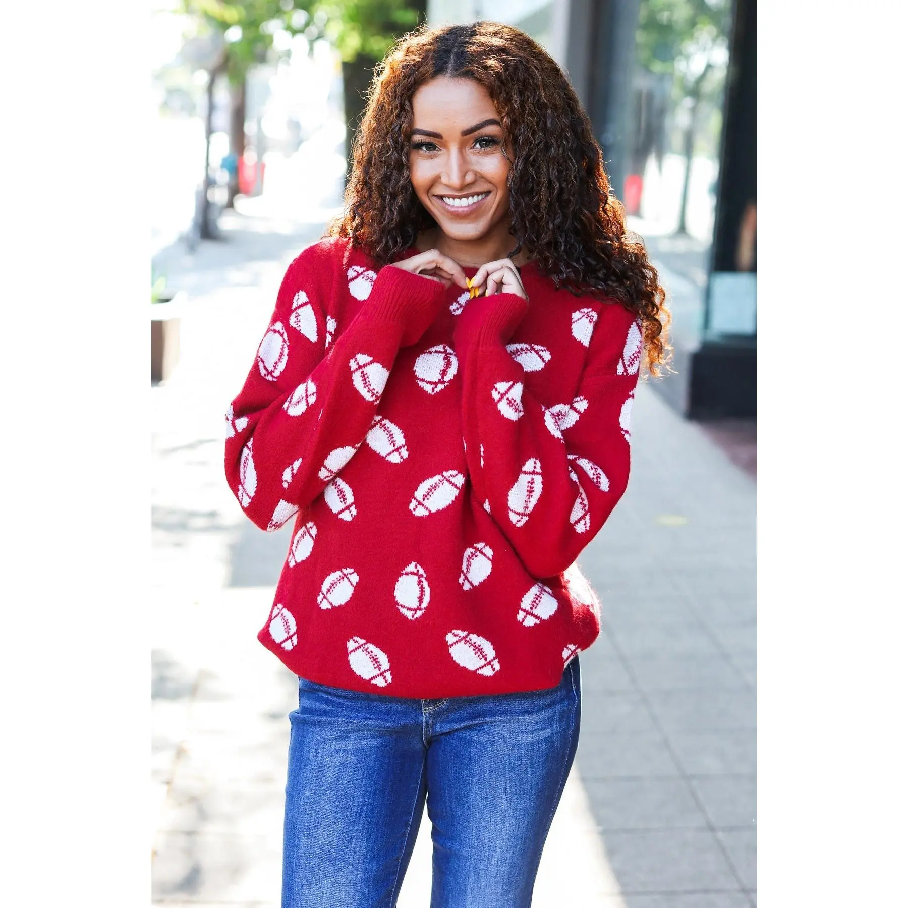 Game Day Red Football Print Jacquard Knit Sweater
