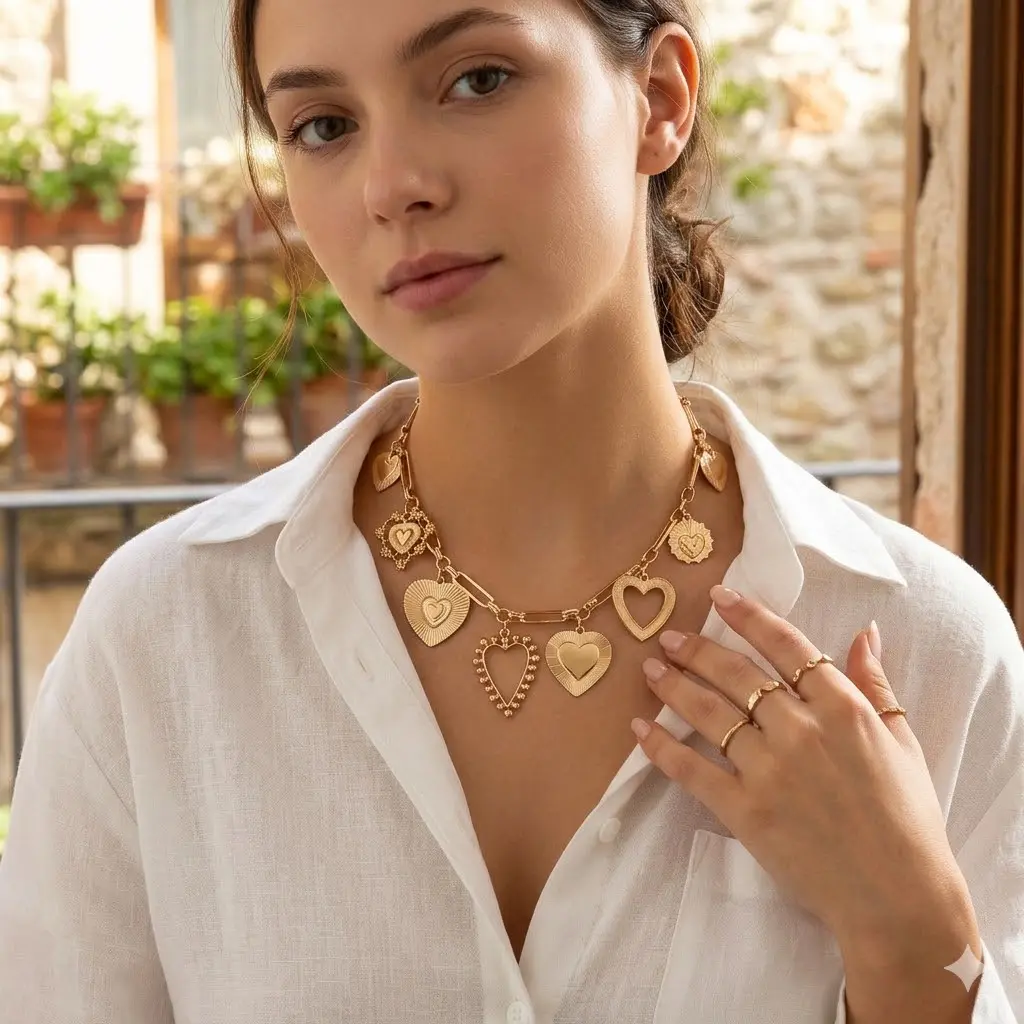 Women's Chunky Gold Heart Shaped Necklace, Vintage Statement Paper Clip Chain with 8 Heart Pendants, Stackable Bold Love Necklace, Fashion Jewelry Gift, Chunky Heart-Shaped Necklaces, Fashion Statement Necklaces