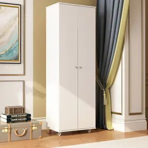 Large Wooden Shoe Cabinet with Wheels, 2-Door Storage Rack, 7 Adjustable Shelves for Home or Office - White (23.6" W x 15.7" D x 70.9" H)