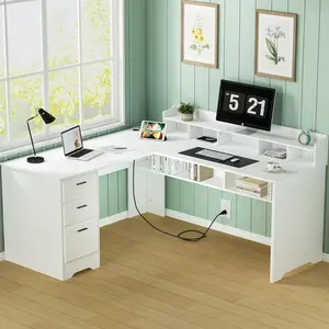 [Spotlight Day] HOMBCK White L Shaped Desk with Drawers Shelves, Computer Desk with Power Outlet and Hutch, 60 Inch, for Home Office