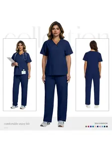 High Quality Medical Doctor Nursing Scrub Costume Uniform Unisex V-neck Short Sleeve Top with Elastic Waisted Pants Dentist Suit
