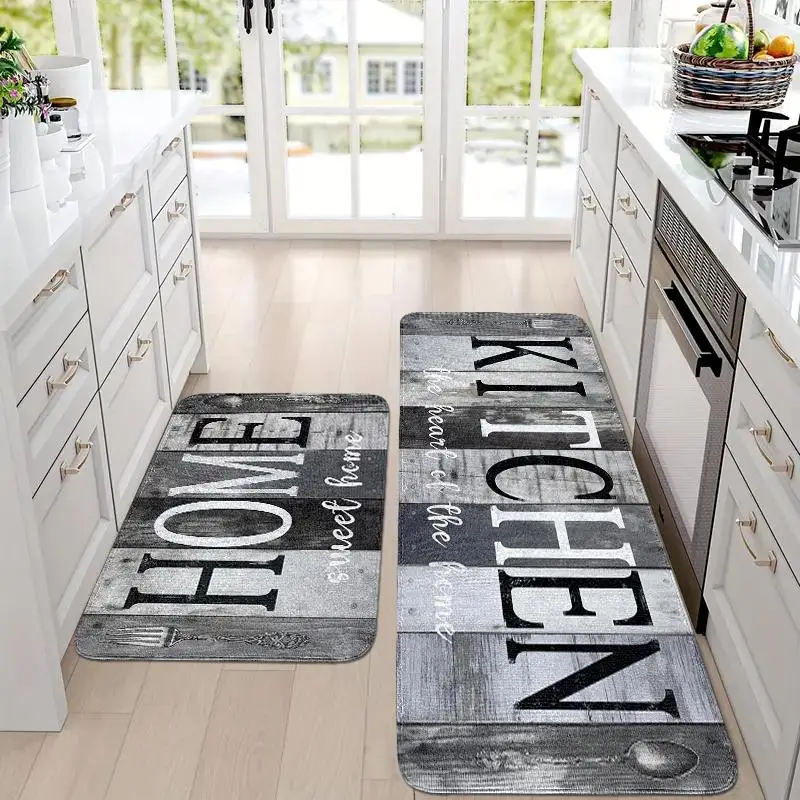 Wood Grain & Letter Pattern Kitchen Mat, 1 Set Non-slip Kitchen Rug, Stain-resistant Decorative Carpet for Home Kitchen Living Room Bedroom