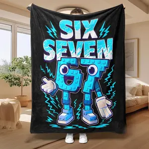 1pc Blue-Black Color Block "67" Number Robot Lightning Flannel Blanket . Machine Washable, Lightweight, Warm, Ideal For Sofa, Bed, Travel, Camping, Living Room, Perfect Gift For Family And Friends Fun Blankets