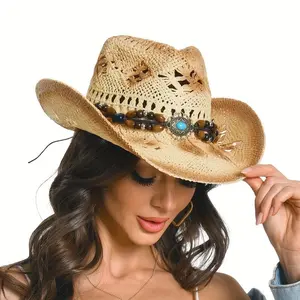 Stunning Ladies' Straw Cowboy Hat - Classic Western Style Cowboy Hats for Women with Wide Brim and Chin Strap - Perfect for Outdoor Activities, Festivals, and Country Music Events