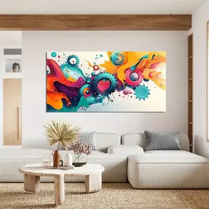 Vibrant modern abstract canvas wall art with blue, orange, pink and yellow geometric patterns, perfect for living room, bedroom or home office decor, dining room artwork |   Minimalist decor, wall decor
