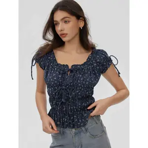 Cider Cotton-blend Floral Scoop Neck Puff Sleeve Ruched Top