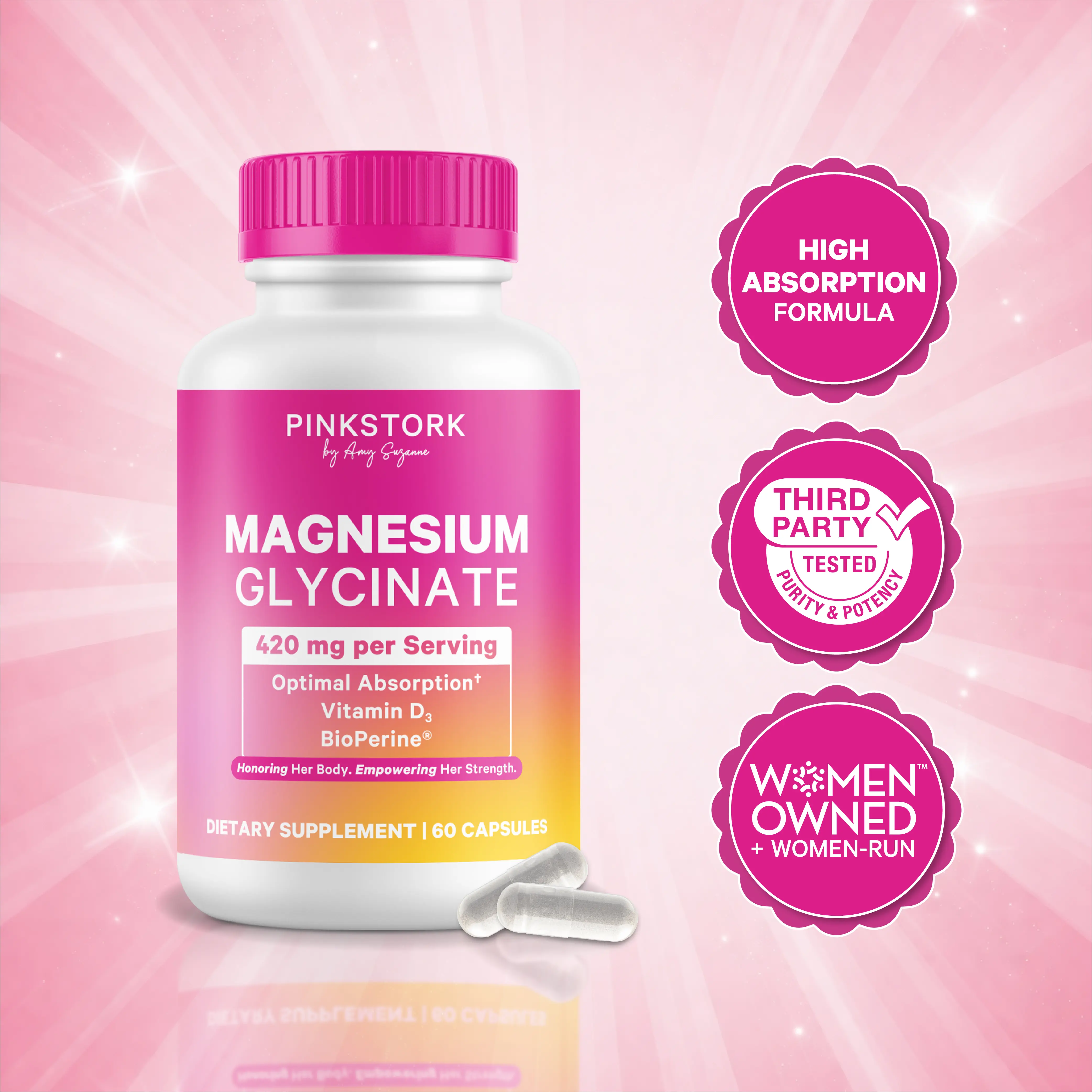 Pink Stork Magnesium Glycinate & Vitamin D for Women | Calm & Stress Relief - 60 Capsules - Women-Owned Brand - Natural & Clean Supplement - Healthcare