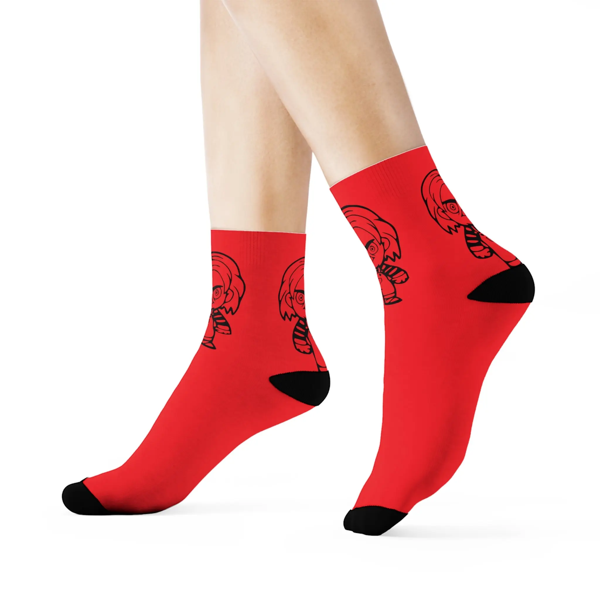 Shadows and Lace Boutique Gothic Red Lace Socks with Chucky Motif