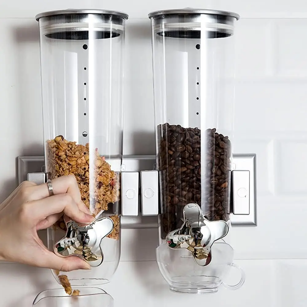 2 Pack 3L/101oz Wall Mounted Cereal Dispenser Food Dispenser Dry Food Candy Storage Container With 2 Cups Double Dry Grain Dispenser for Nuts Candy Grains ABS New (black) Kitchen Coffee Lid Plastic Utensils Rectangular