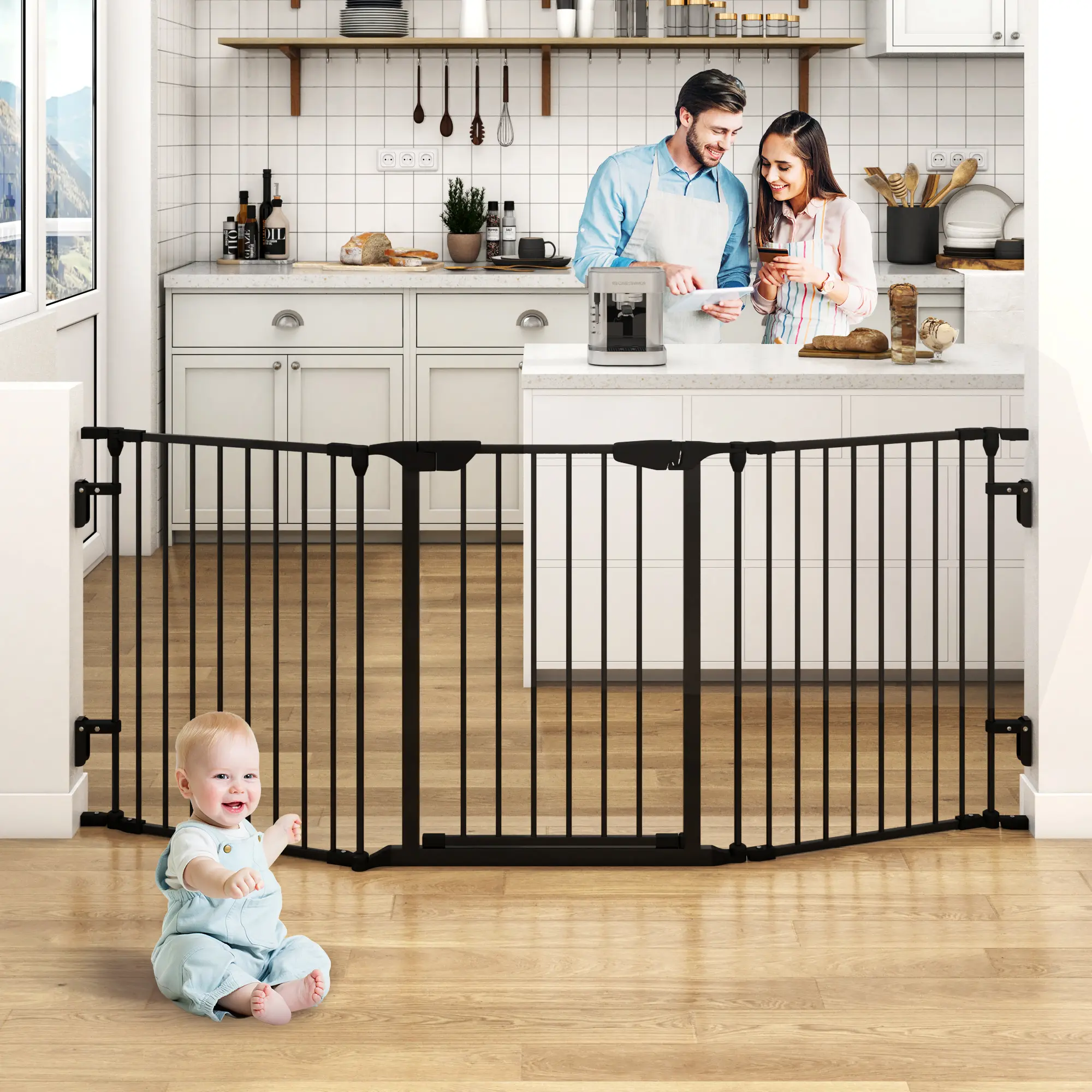 74"/118inch Wide Baby Gate Metal Safety Playpen - Fireplace Fence for Toddler/Pet/Dog, 3-Panel/5-Panel,30" H, Black