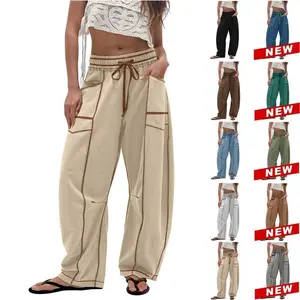 Women's  High Waisted Barrel Sweatpants Baggy Wide Leg Drawstring Joggers with Pockets and Seam Stitch Details | Regular Lined for Fall & Spring, Cozy Fleece Lined  for Winter