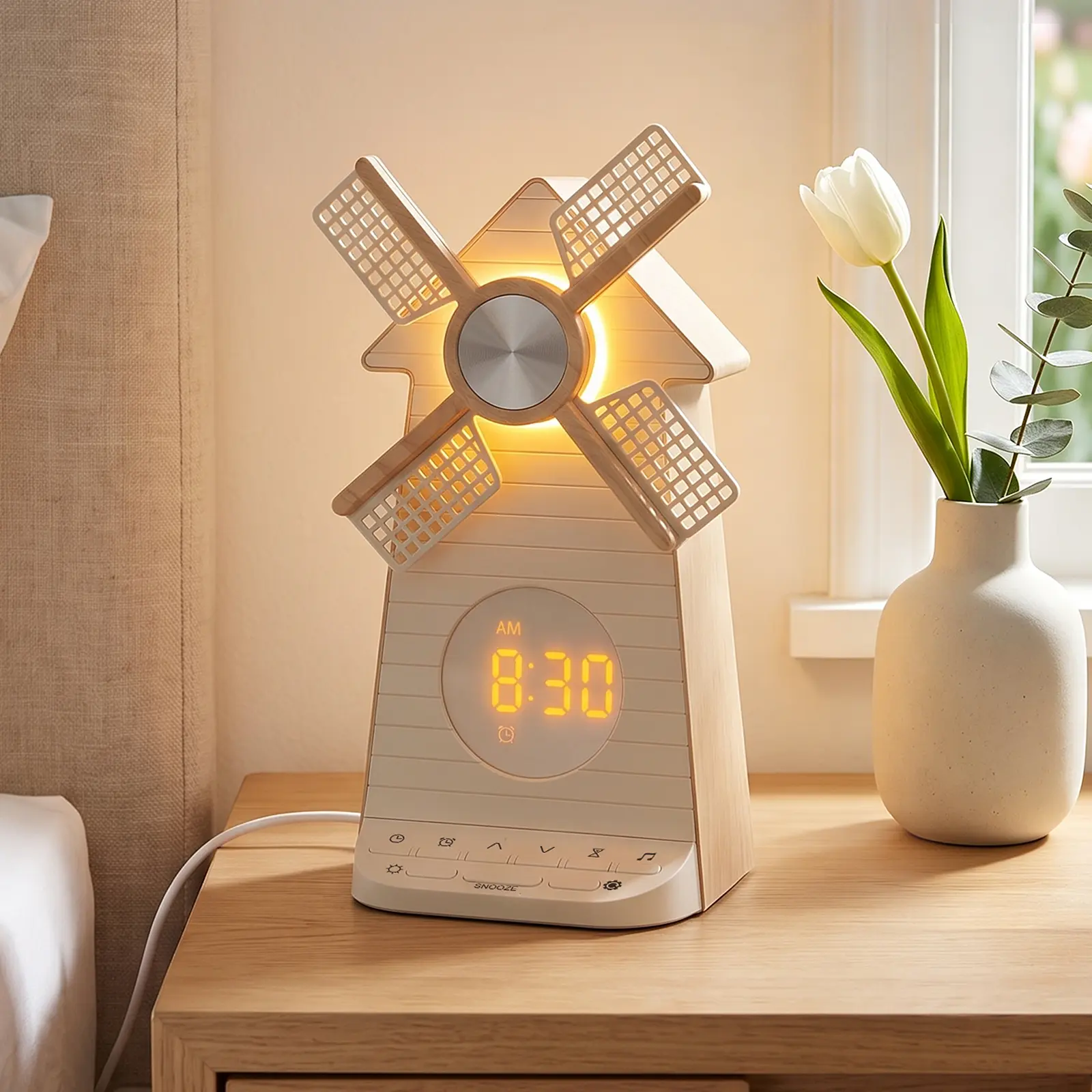 Reteyung Adjustable Digital Sunrise Alarm Clock with LED Display - 360° Rotating Mill Light, 3-Hour Rotating Feature, White Noise Sleep Aid, USB Charging Port, Snooze, Sleep Timer, AC Power Supply, Automatic Power Off, Bedroom Desk/Table Lamp for Bedrooms