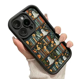 Vintage Ghost Bookshelf Pattern TPU Phone Casefor iPhone 16 15 14 Pro Max 13 12 11 XR XS Plus EShockproof Drop Protection Rugged DurableSilicone Cover Cellphone Protective SmartphoneCasing