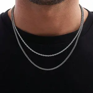 Tewiky Fashionable Chain Necklace  Simple Design for Stylish Wear For Women Trendy 2Pcs 3mm Chain Silver Layered Cuban Link Rope Necklaces