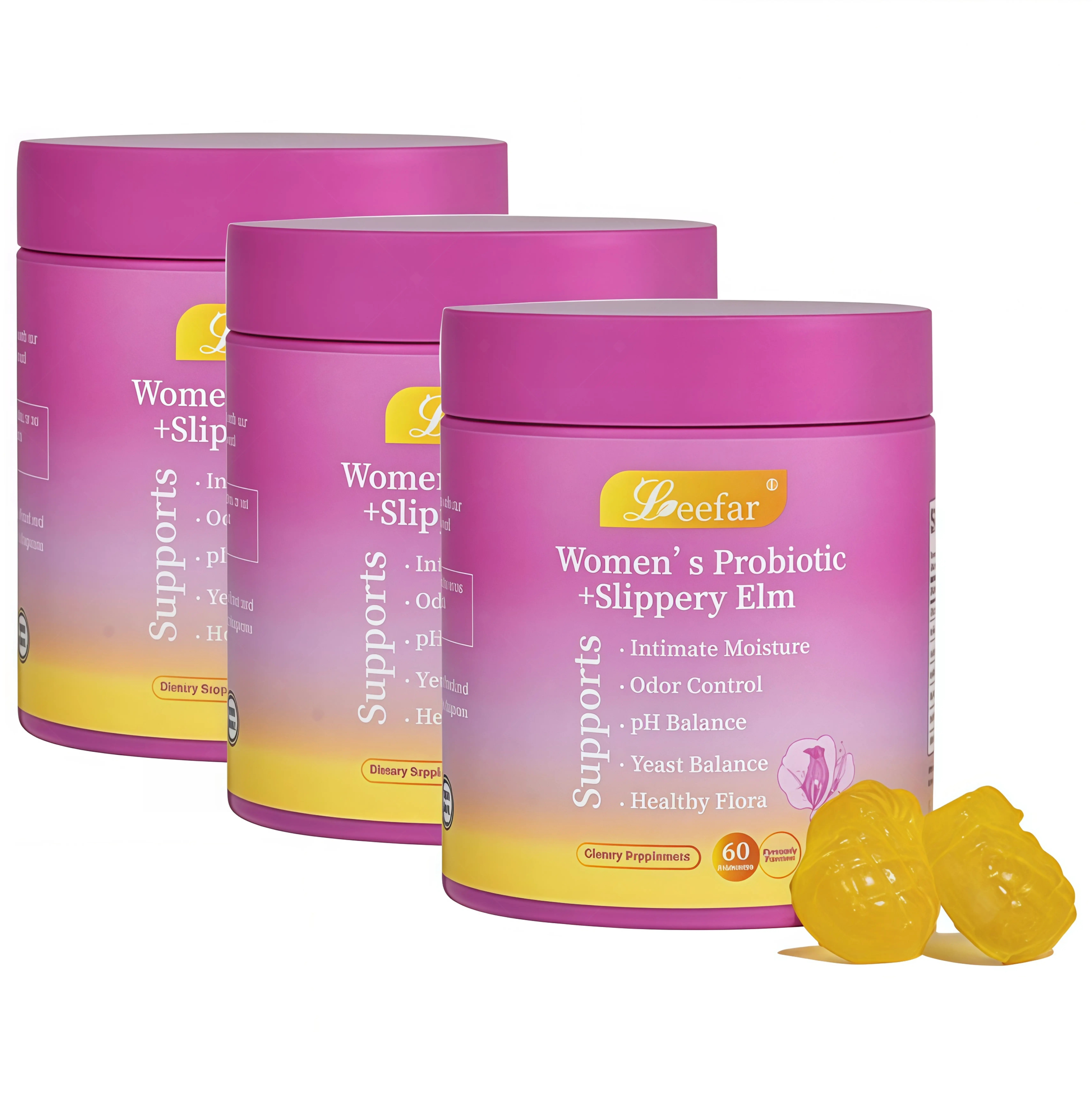 3 Botte LEEFAR Her Probiotics Gummies FK - All in One Solution with Slippery Elm and Prebiotics & Lactobacillus Probiotic Blend for Women's pH Balance and Dryness Hawaiian Pineapple Gummies Dietary Supplement