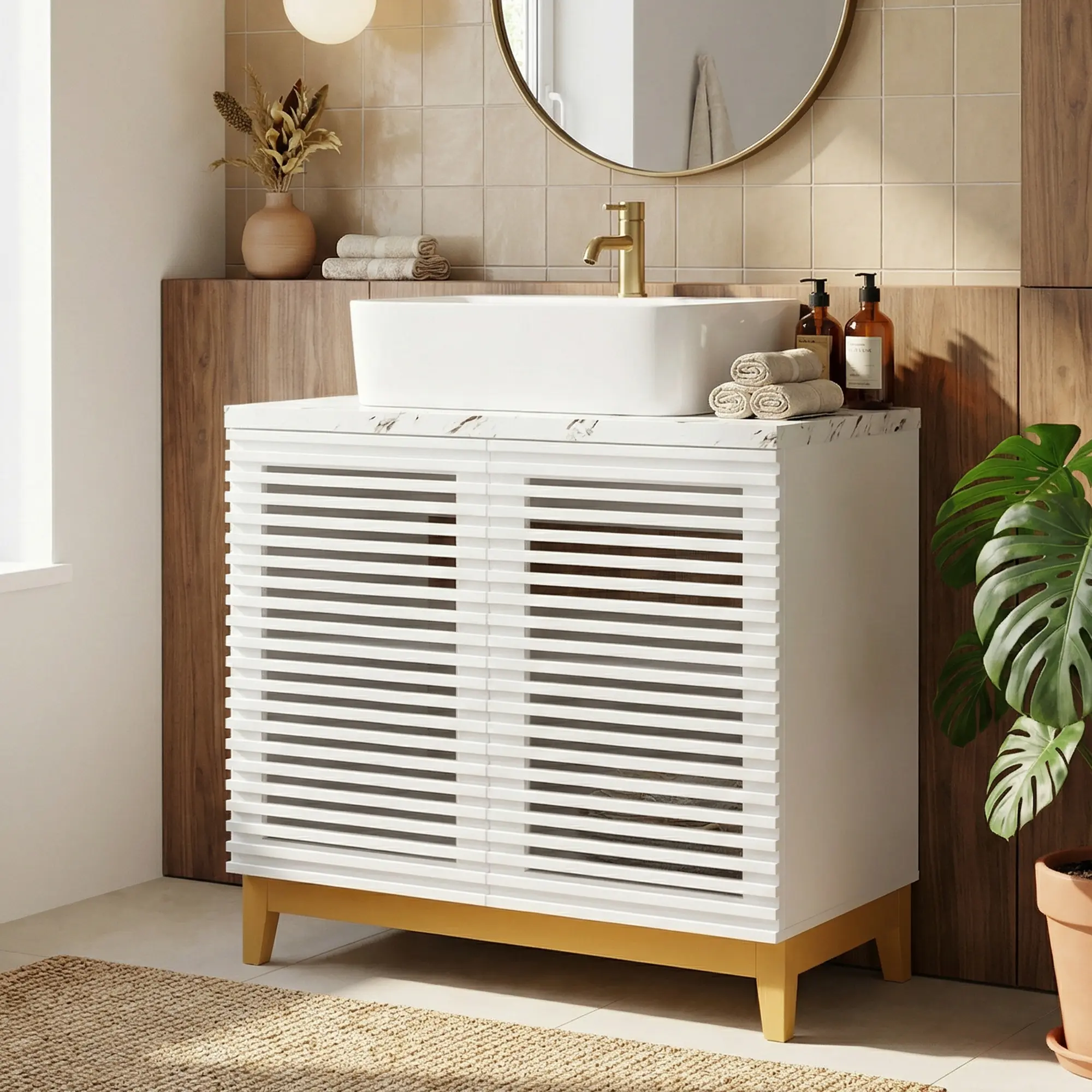 FUFU&GAGA 31" Modern Slatted Bathroom Vanity Cabinet with Vessel Sink, White Wood Bath Storage Cabinet with Marble Vein Countertop, Double Louver Doors Freestanding Bathroom Sink Cabinet