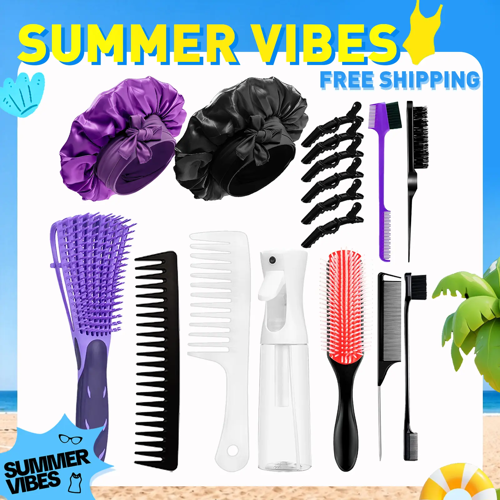 【SUMMER VIBES】17 Counts Hair Brush Set for Women Men Kids Detangler Brush Wide Tooth Comb Nylon Bristle 9-Row Brush Satin Bonnet  Styling Tools Purple Love At First Find