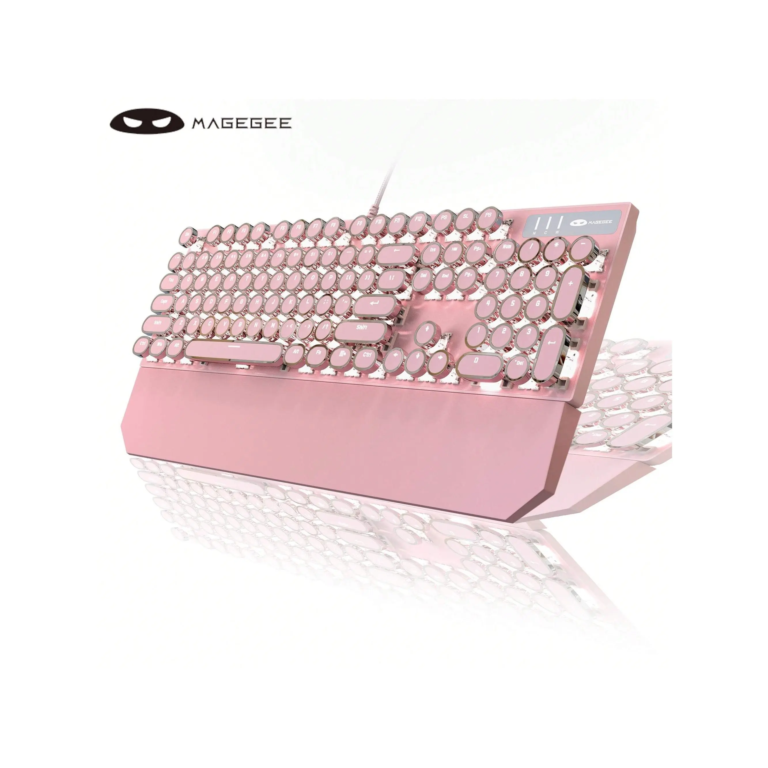 MageGee Typewriter Style Mechanical Gaming Keyboard With Detachable Wrist Rest, Pink Retro -Punk Gaming Keyboard With White Backlit, 104 Keys Blue Switch Wired Round Keycaps Keyboard For Windows//PC/Tablet