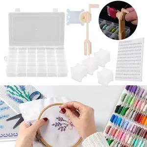 Embroidery Floss Organizer Box Tools with 100 Pcs Plastic Floss Bobbins 1 Bobbin Winder 1 Removable 24 Compartments Cross Stitch Embroidery Thread Storage Box for Craft DIY Sewing Storage Jewelry