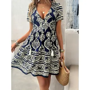 [Bohemian Tassel Dress] ZAFUL Women's Elegant Bohemian Deep V Tassel Dress | Loose Fit Knee-Length Machine Washable Vacation Dress for Spring/Summer, Casual to Semi-Formal Occasions, Summer Fashion Fabric Womenswear Viscose Chic