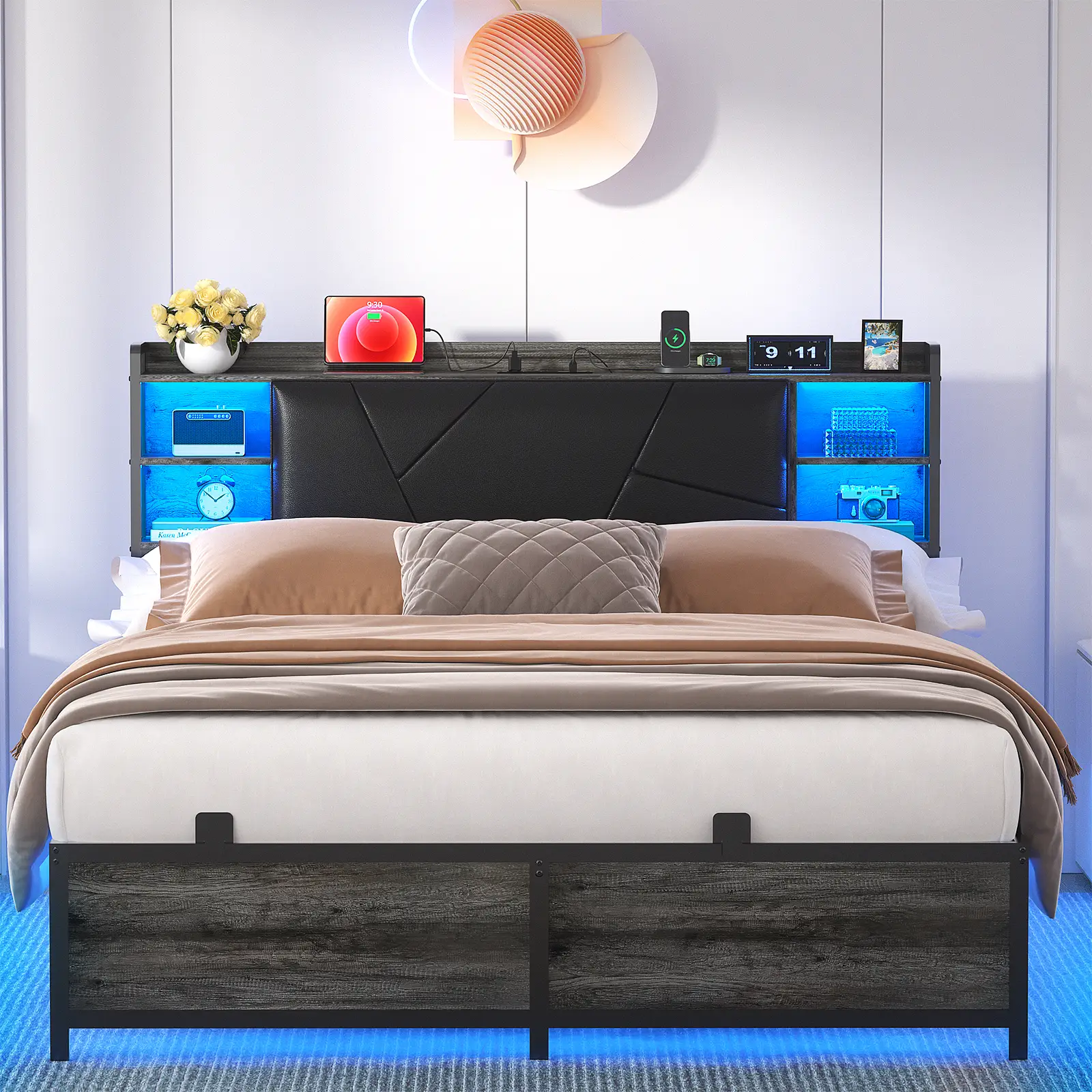 Homieasy Bed Frame with Charging Station and RGB LED Lights, Sturdy Platform Bed with Upholstered Storage Headboard, Solid Metal Slats, Noise Free, No